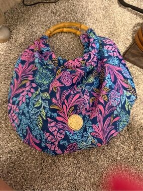 Lilly Pulitzer Navy Floral Bamboo-Handle Hobo